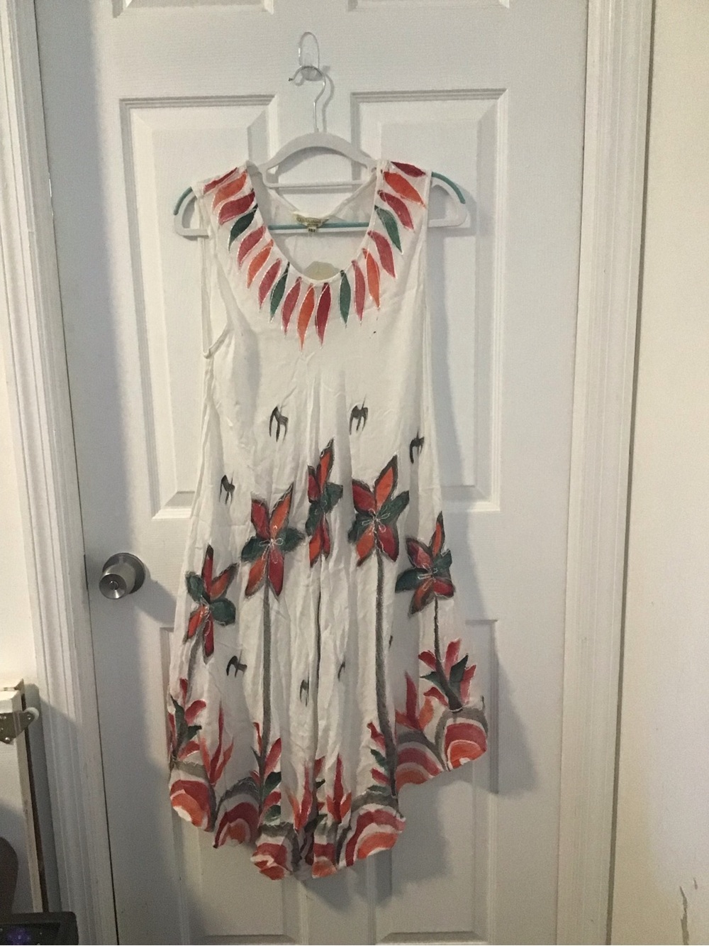 Anandas Collection White Dress with Coral & Green Leaf Appliqués